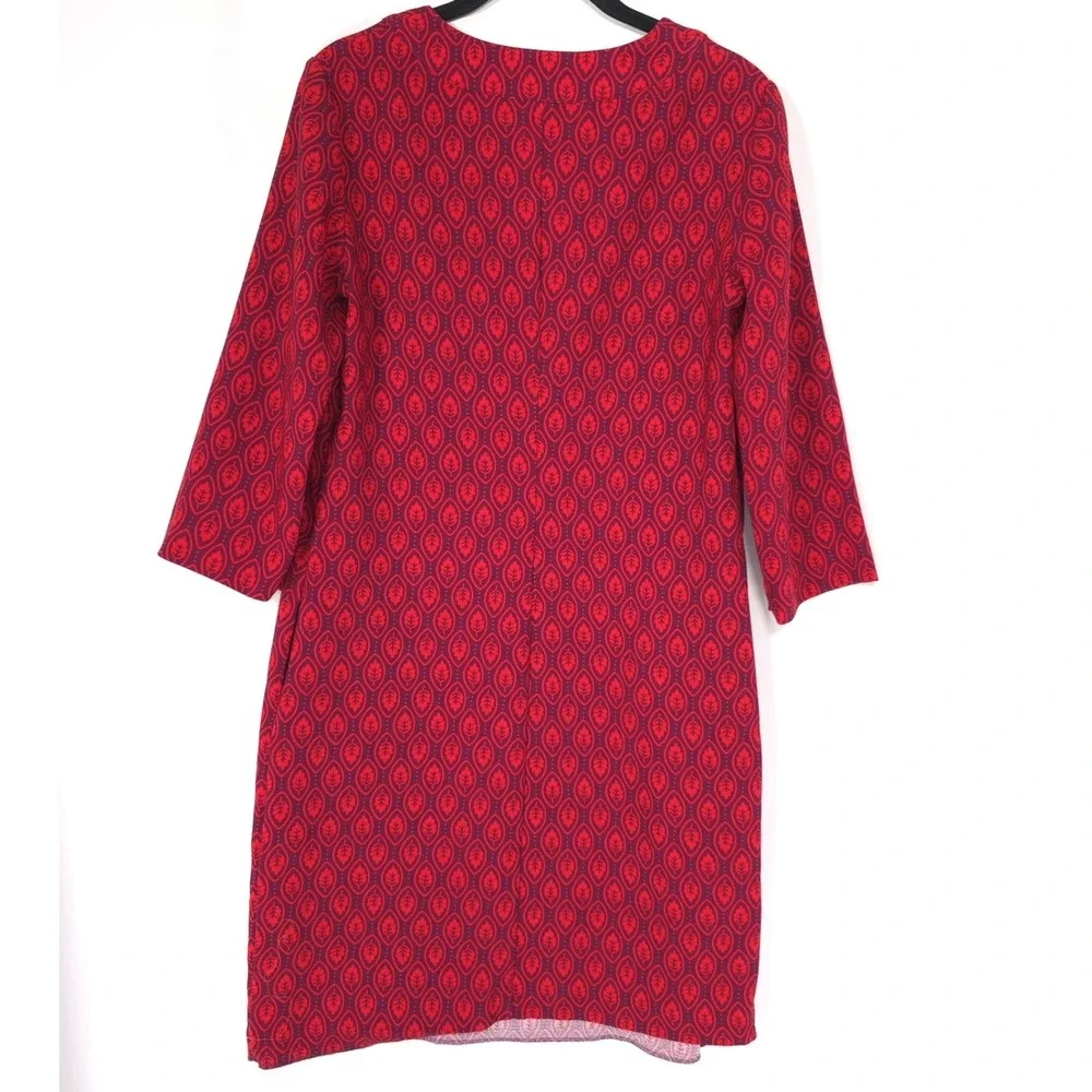 BODEN  Women's Knee Short Dress Shift US 6R Leaf Print Red 3/4 Sleeve WH990